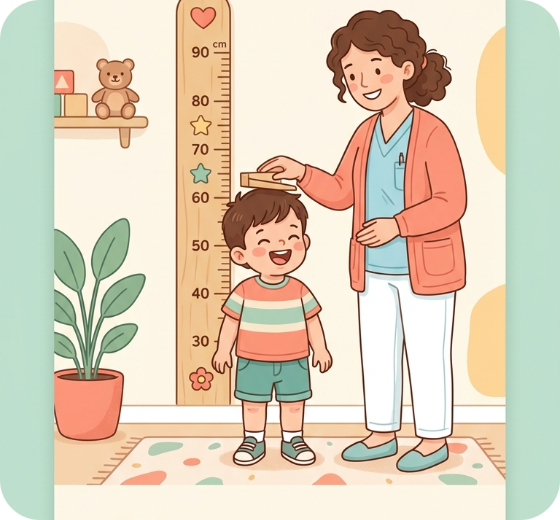 A parent measuring a smiling child's height against a growth chart on the wall
